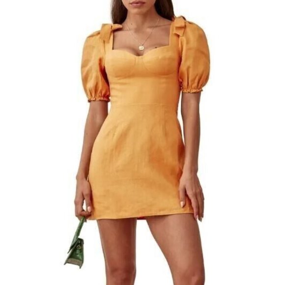 Reformation Dresses & Skirts - Reformation Spring Bow Sleeve Dress in Ochre, 100% Linen